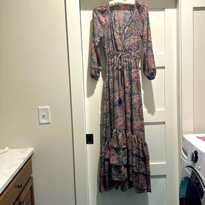 BoHo maxi dress; sz S; pink/aqua; tiered ruffle hem; soft and flowing. NWOT